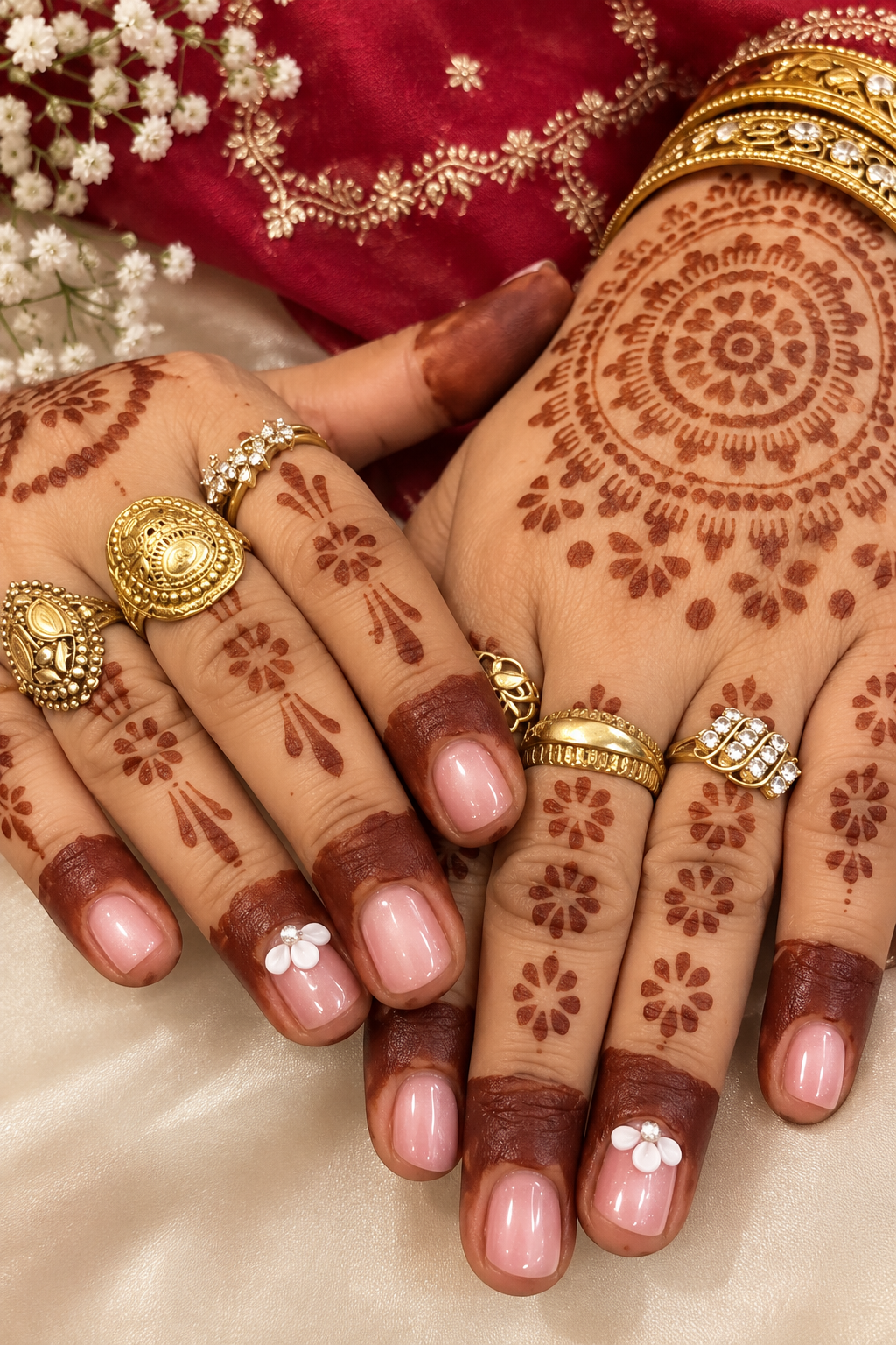 Traditional heena with soft pink manicure