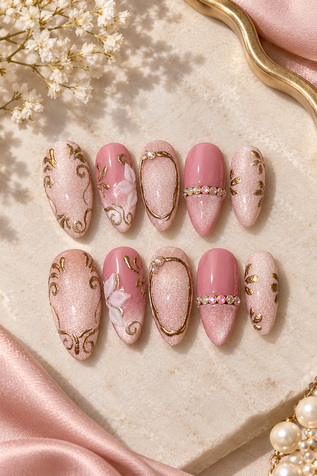 Glitter pink nails with gold filigree