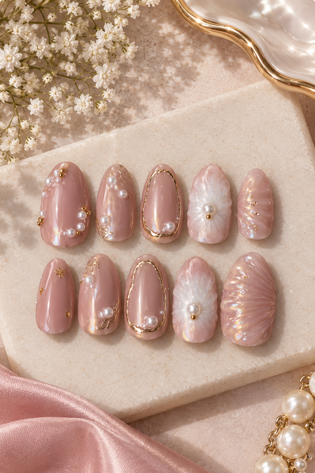 Pearl and gold shell nail set